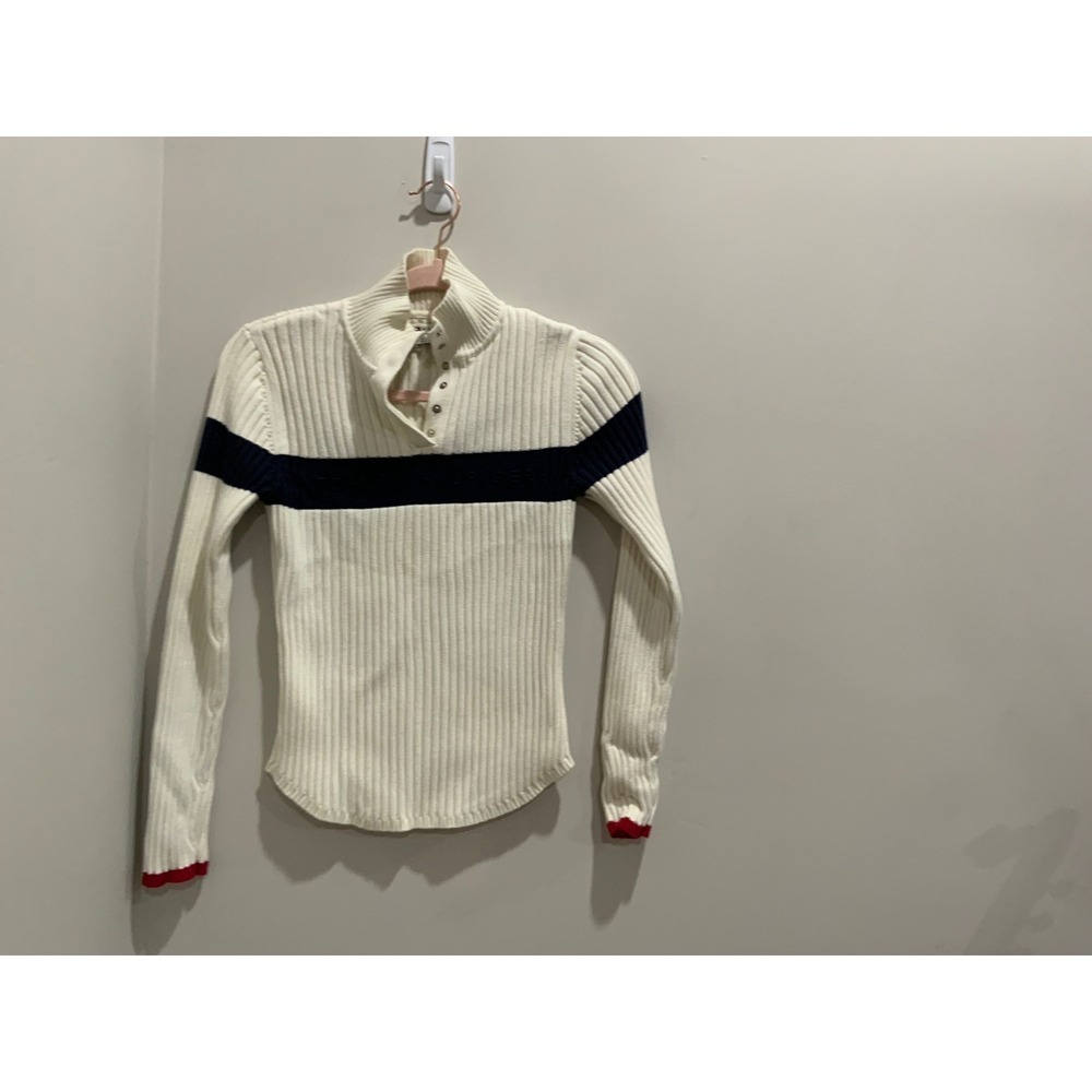 Tommy Hilfiger Womens Ribbed Long Sleeve Sweater Cream Navy Blue Size S